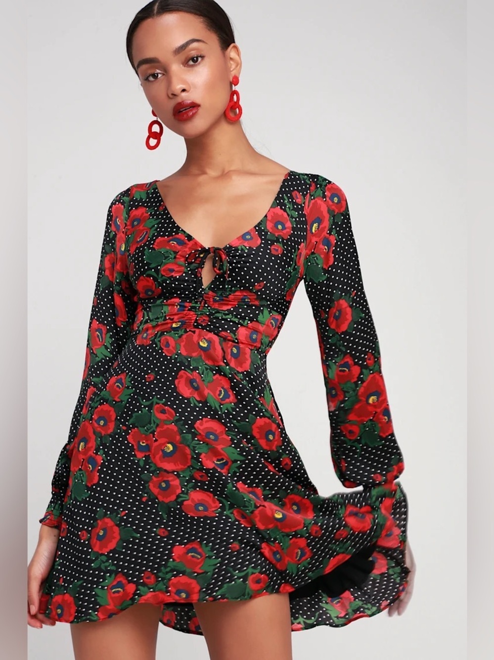 Free People Morning Light Floral Long Sleeve V-Neck Dress with Red Blooms Flawed